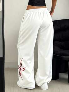 StreetHx 女式哥特式花卉印花宽松直筒休闲运动裤 - 白色 - 查看 2