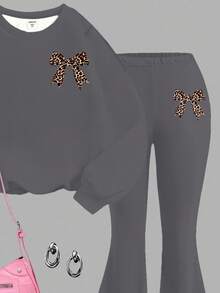 Young Girl 2pcs/Set Vintage Cute Leopard Bow Print Loose Fit Gray Sweatshirt And Flare Leg Autumn Pants Set For Young Girls - Multicolor - View 5