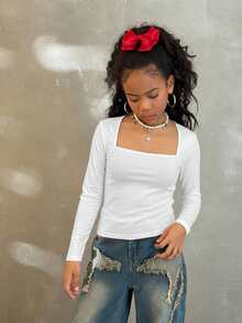 Coolane Camiseta ajustada con mangas raglán, cuello en U, cintura fruncida y elástica, de moda para niñas preadolescentes en otoño - Blanco - Ver 4