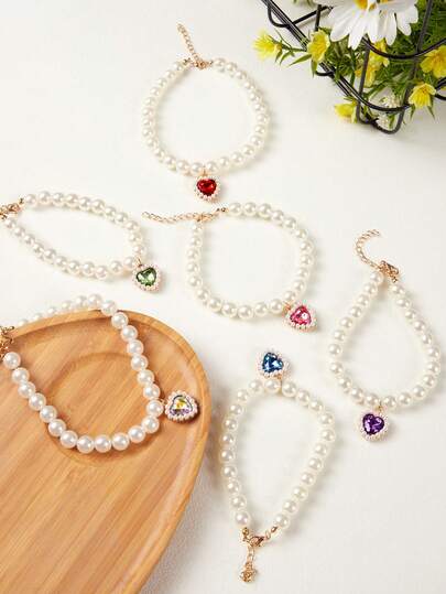 PETSIN 1 Elegant Ladies' Heart-Shaped Pet Pearl Necklace, Kitten Collar, Puppy Heart Crystal Pendant, Teddy Neck Decoration Jewelry, Suitable For Cats