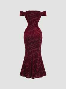 Sweetra Váy maxi bodycon đuôi cá hở vai xếp nếp nhung cổ điển gợi cảm dành cho nữ - Màu Đỏ Sâu - Xem 2