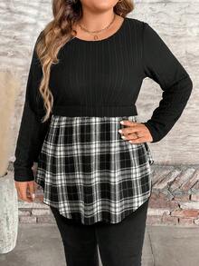 SHEIN LUNE Plus Size Contrast Color Block Round Neck Long Sleeve Ribbed Casual Plaid Top - Black and White - View 4