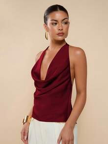 COSMINA 女士纯色极简露背吊带背心 - 酒紅色 - 查看 5