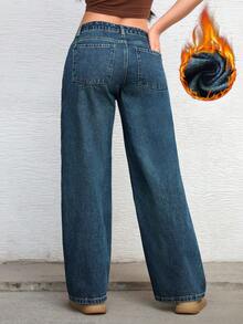 SHEIN ICON Celana Jeans Denim Hangat Kasual Warna Polos untuk Wanita - Biru - View 2