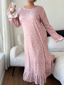 SHEIN Plus Size Heart Print Ruffle Hem Long Nightgown, For Fall & Winter, Moo Moo Night Dress - Pink - View 6