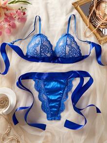 2pcs Lace Patchwork Sexy Lingerie Set For Women - Blue - View 4