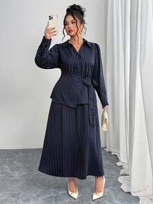 Modelyn Set casual da 2 pezzi da donna taglie forti, composto da camicia a maniche lunghe a righe con bottoni e gonna a-line