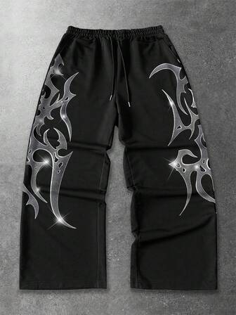 Street Life Pantalones de chándal casuales de moda de calle para hombres con estampado digital de espinas, cintura con cordón y pierna ancha suelta