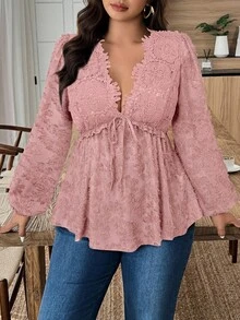 EMERY ROSE Blusa elegante de fiesta con volantes en el bajo, de tela jacquard de encaje para mujer de talla grande, para uso en la oficina - Rosa vieja - Ver 3