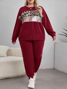 EMERY ROSE Ensemble 2 pièces décontracté pour femmes grandes tailles, avec sweat-shirt à manches longues à épaules tombantes et imprimé léopard patchwork, et pantalon avec cordon de serrage