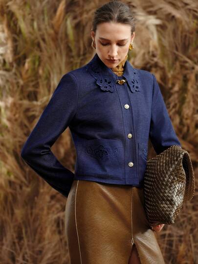 Arave Chaqueta corta de mujer de unicolor, de manga larga, con botones delanteros y encaje, versátil y de moda