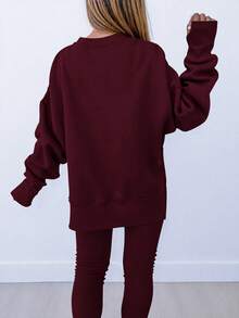 INAWLY Setelan 2 Potong Atasan dan Celana Panjang Lengan Panjang Leher Bulat Minimalis Warna Polos Ukuran Plus untuk Pemakaian Sehari-hari - Burgundy - View 2
