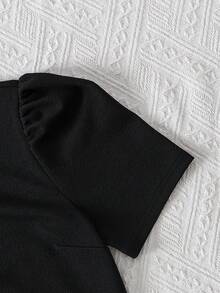 Vestido mini de mujer de cuello redondo, sencillo y elegante, dunicolordo con mangas farol, para otoño/invierno - Negro - Ver 4