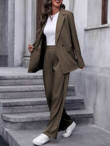 EMERY ROSE Women's Solid Color Blazer And Pants Suit, Formal Commuter Outfit Women Suit Women Suits Blazer Set For Women Business Casual Woman Two Pieces Outfits - Chocolate Brown - View 5