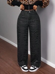 Slaydiva Blugi sport pentru femei, cu talie înaltă, imprimeu zebră, buzunare, picior larg, lejer