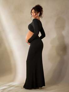 Cheriluna Maternity 2pcs Maternity Sexy Fashion Sweetheart Neck Cropped Top And Fish Tail Skirt Set, Photoshoot Outfit - Black - View 2