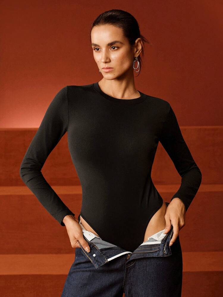 Crew Neck Bodysuit, Personalized Slim Fit, Fashionable Slimming, Seamless Long Sleeve Bodysuit