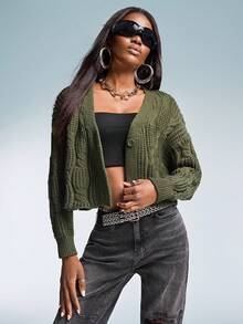 Aveloria GENKIRA Cable Knit Drop Shoulder Cardigan Oversized Sweater  - Army Green - View 3