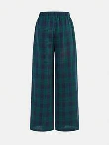 SHEIN Girlism Quần ống rộng kẻ caro đơn giản cho bé gái tuổi teen, thích hợp mặc hàng ngày, quần kẻ caro đi học, quần ống rộng cho bé gái. - xanh quân đội - Xem 2