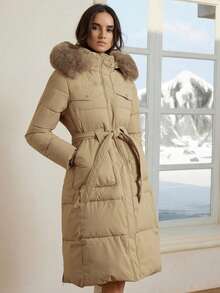 全新修身腰带休闲时尚简约拉链可拆卸仿毛领夹棉大衣 - 卡其色 - 查看 3