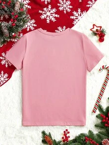 SHEIN LUNE Christmas Santa Claus Graphic Print Casual Loose Fit Round Neck Short Sleeve T-Shirt For Women, Suitable For Autumn, New Year Party - Dusty Pink - View 2