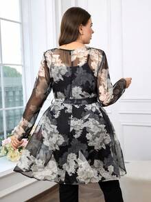 Reflora 大码圆领长袖印花休闲优雅不对称下摆女式衬衫，适合圣诞节、新年、除夕夜等场合，也适合度假、夏季穿着。黑色上衣 - 彩色 - 查看 2