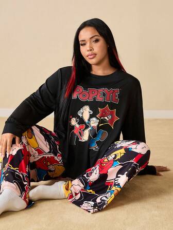 Popeye X SHEIN Plus Size Letter & Cartoon Figure Graphic Crew Neck Long Sleeve Top And Pants Pajama Set Women Cartoon Pajamas Pj Sets For Women Long Sleeve Women Loungewear Pj Sets For Women Black, Fall & Winter Clothes