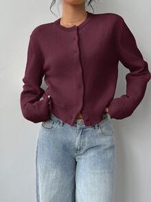 SHEIN BASICS 休闲纯色圆领长袖宽松短款女式毛衣白色开衫，秋冬季上学上衣 - 紫紅色 - 查看 4