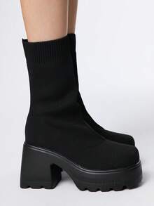 Sugerpunk Women's Gothic Round Toe Chunky Heel Mesh Elastic Ankle Boots, Outdoor Slip-On Mid-Calf Boots, Spring/Autumn New Style - Black - View 4