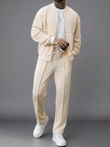 Manfinity Homme 男士休闲纯色外套和裤子套装，秋季男士套装，奶油色男士套装，米色男士套装，Katseye 街头风男士运动套装，香槟色男士休闲套装，复古风格，日常休闲，周末旅行，户外活动，探险旅行，轻松的工作环境或半正式场合，男友/丈夫礼物，周年纪念礼物，圣诞节套装 - 杏色 - 查看 3