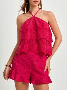 CAJUNI Blusa de verano para mujer con cuello halter, bordado, calado y volantes - Rosa Fucsia - Ver 5