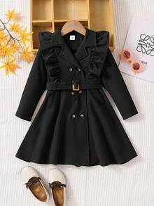 SHEIN Young Girl Solid Color Turndown Collar Ruffle Hem Fitted Casual Long Windbreaker