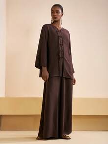 Zivah 2025 Autumn/Winter New Music Festival, Easter, St. Patrick's Day, Western, Nomadic, Birthday Party, Graduation, College Style, Student, Daily Casual, Basic Versatile, Leisure, Cruise Travel, Beach, Suing, Viral, Streetwear, Wedding Guest Boho, Commute, Brunch, Airport, Party, Holiday Outing, Elegant Banquet, New Chinese Style Button-Down Long Sleeve Brown Textured Linen Fabric Kimono-Inspired Shirt And Wide-Leg Pants 2-Piece Set - Brown - View 6