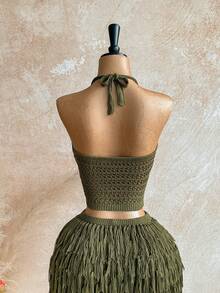 Soleia Women's V-Neck Halter Tie Backless Crop Top And Fringe Hem Mini Skirt 2 Pieces Set, Suitable For Party, Christmas, Date Night, Nightclub, Bohemian, Boho, Vacation, Fall - Army Green - View 3