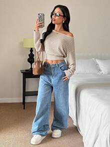 SHEIN PETITE 新款时尚不对称肩部休闲条纹长袖T恤，不对称肩部设计，上衣宽松，下装紧身，显瘦，杏色，秋季 - 杏色 - 查看 5