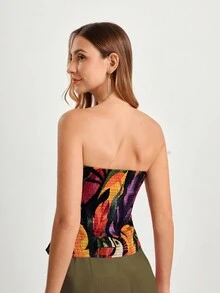 CAJUNI x Carol Peixinho 女士休闲度假鹦鹉印花抹胸上衣 - 黑色 - 查看 2