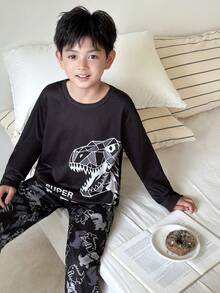 SHEIN 2 件套青少年男孩恐龙图案圆领长袖上衣和睡裤套装，柔软舒适的睡衣，秋冬 - 黑色 - 查看 6
