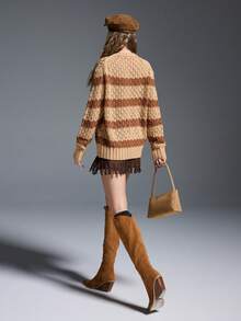 INAWLY 复古美式 V 领镂空套头衫，宽松版型 - 彩色 - 查看 2