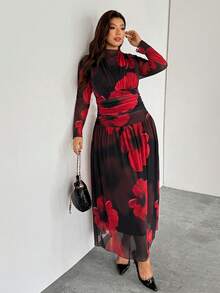 SHEIN Privé Plus Size Black And Red Autumn Elegant Party Cocktail Dress,Floral Mesh Elastic Print,Stand Collar,Shoulder Waist Ruching,Long Sleeve Flared Hem - Multicolor - View 8