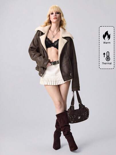 Grunge Punk Women's Zip-Up Casual Motorcycle Jacket With Thermal Lining, Autumn/Winter