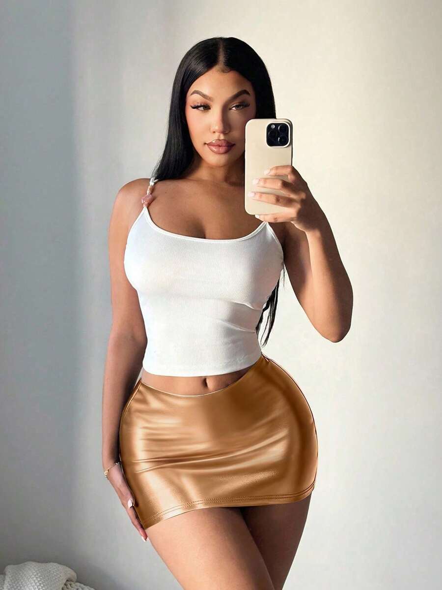 SHEIN SXY 女士休闲性感PU紧身低腰迷你裙，适合秋冬季 - 金色 - 查看 1