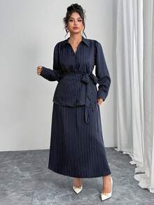 Modelyn Set casual da 2 pezzi da donna taglie forti, composto da camicia a maniche lunghe a righe con bottoni e gonna a-line