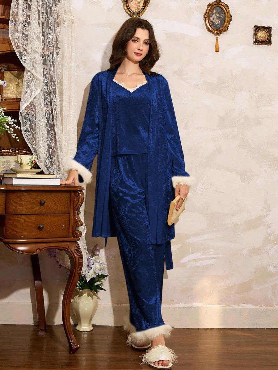 Côtesoire Solid Color Velvet Patchwork Fringed Elegant French Luxurious Royal 3 PiecesWomen Pajama Set, Suitable For Home Wear, Autumn/Winter - Royal Blue - View 1