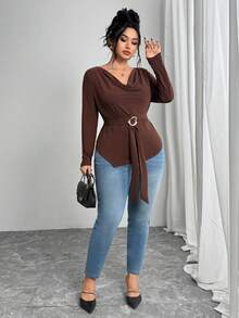 Feyla Plus Size Solid Color Minimalist Scoop Neck Long Sleeve T-Shirt - Coffee Brown - View 6