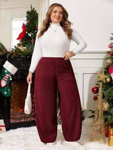 Enliva Plus Size Women's Red Corduroy Pants, With Pockets And Elastic Waist, Autumn/Winter, Compatible With Apple Rounded Body Shape, Valentine's Day, Love, Gift, Romance, Happy Valentine's Day,2026,New Year - Burgundy - View 8