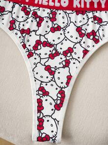 HELLO KITTY AND FRIENDS | SHEIN 女士可爱卡通猫咪印花字母文胸和内裤套装 - 紅白色 - 查看 4