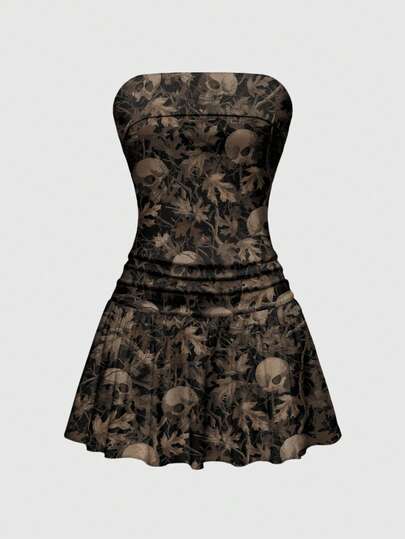 J-Fashion Sexy Vintage Branch Skeleton Bodycon Ruched A-Line Dress For Women