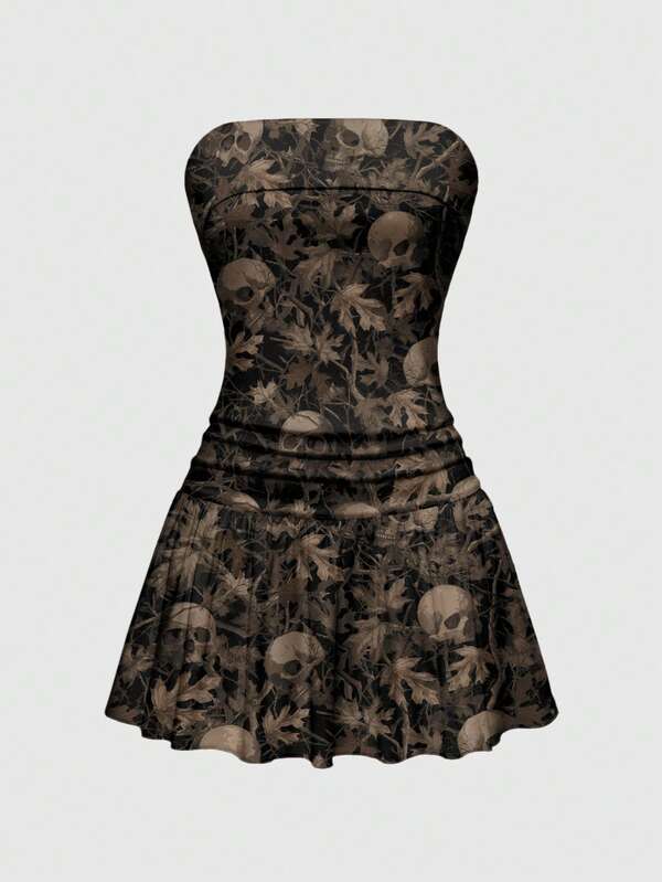 ROMWE J-Fashion Vestido ceñido de línea A con pliegues y esqueleto de rama vintage sexy para mujeres