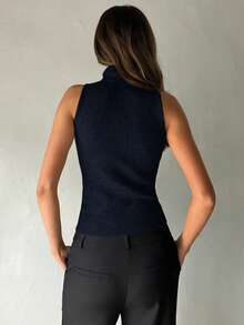 Aloruh 女士秋冬新款高领无袖紧身罗纹燕麦色针织背心毛衣，适合日常穿着 - 藏蓝色 - 查看 2