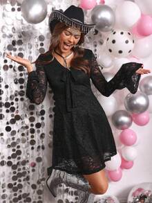 女式 V 领蝴蝶结喇叭袖褶皱腰 A 字短裙，适合西方派对、日常穿着、约会、聚会、派对 - LanaWest - 黑色 - 查看 6